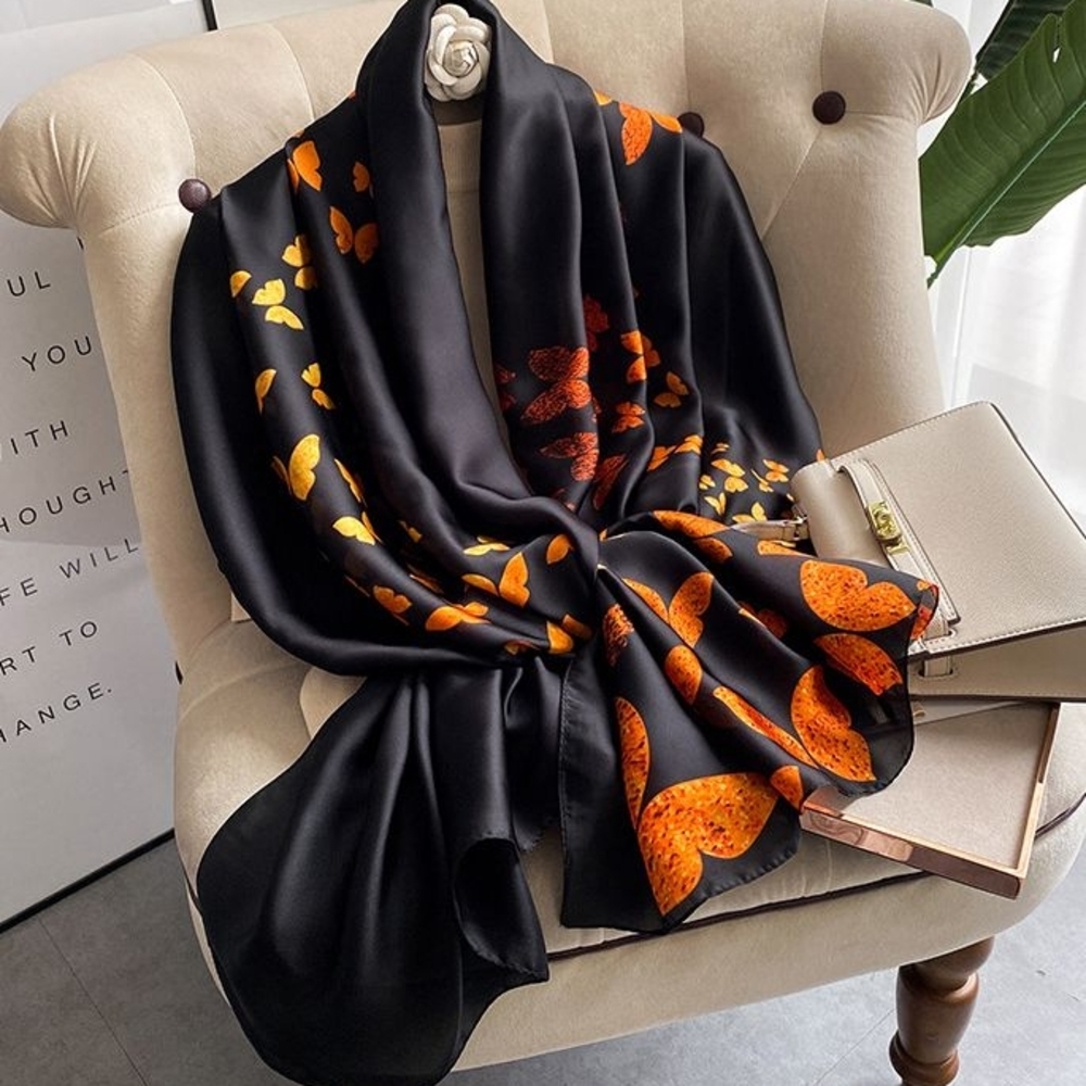 Miss Kaylee Elegant Black and Orange Long Silky Scarf